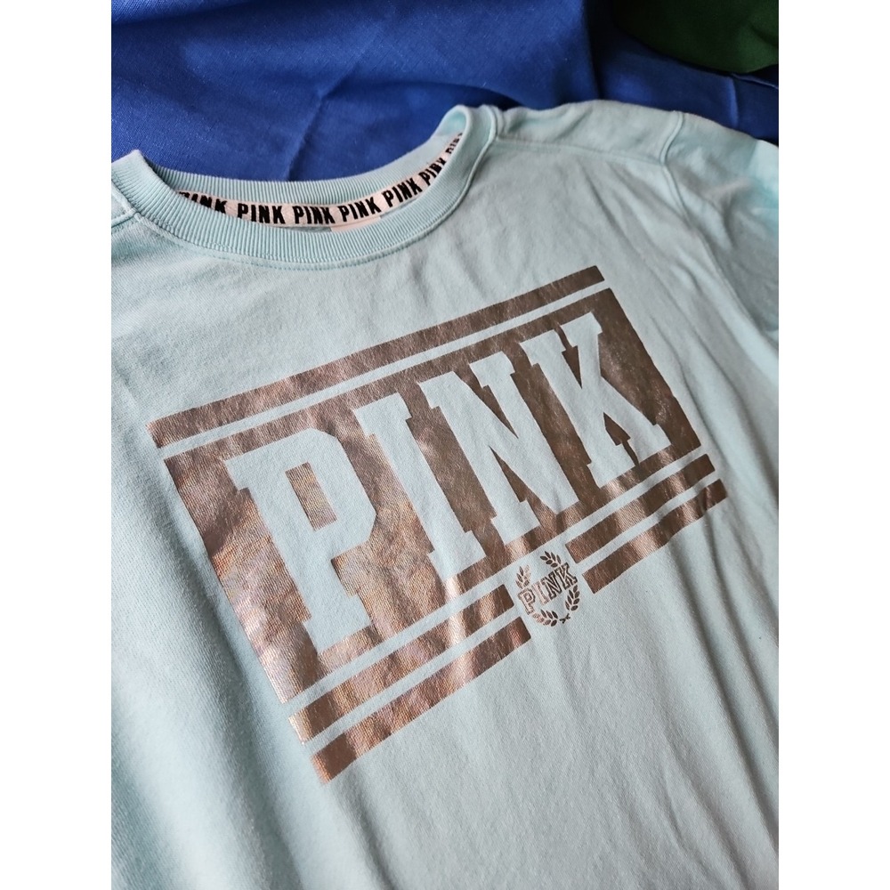 Victoria's Secret Pink Sweatshirt Metallic Iridescent Spell Out‎ MINT Green XS